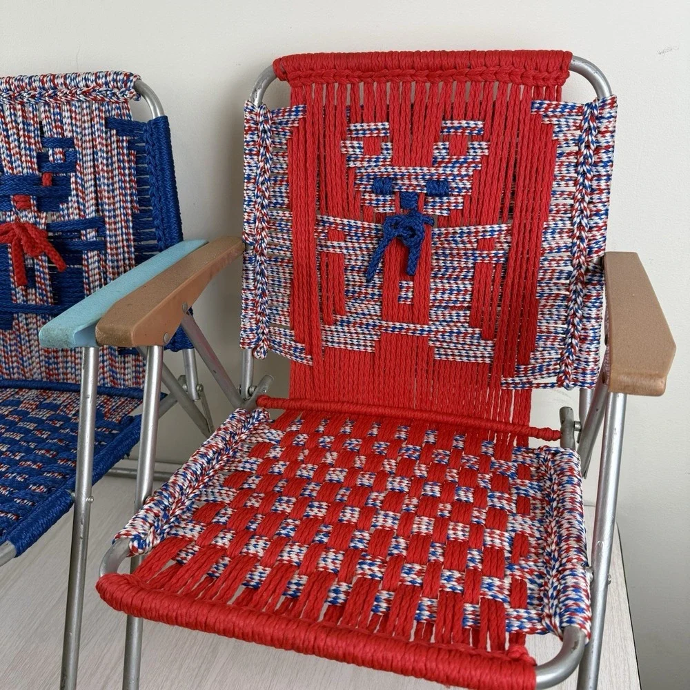 Vtg Set 2 Aluminum Folding Lawn Chair Child Sz Macrame Weave‎ Woven Chair Match